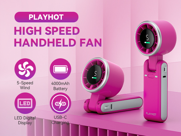 Magenta handheld fan rechargeable LED digital display 4000mAh personal fan mini fan USB C charging