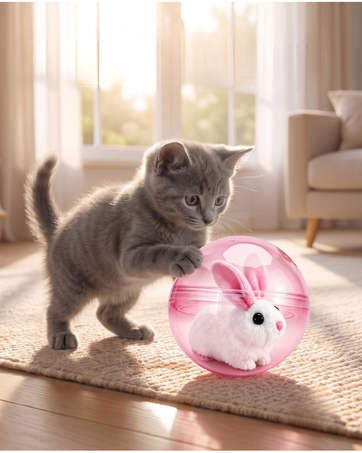 A playful kitten interacting with a smart interactive cat toy.