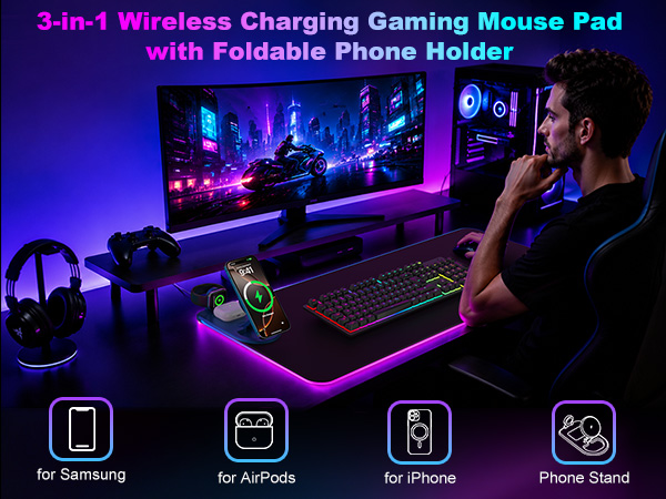 3 in 1 Wireless Charging RGB Gaming Mouse Pad
