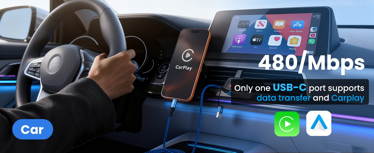 480/Mbps Only one USB-C Port Supports data transfer and Carplay