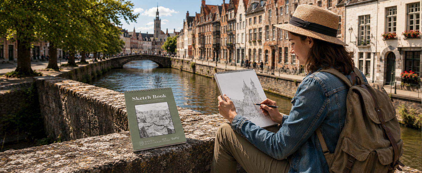 A traveling artist uses a SuFly top spiral sketchbook for an architectural pencil drawing outdoors.