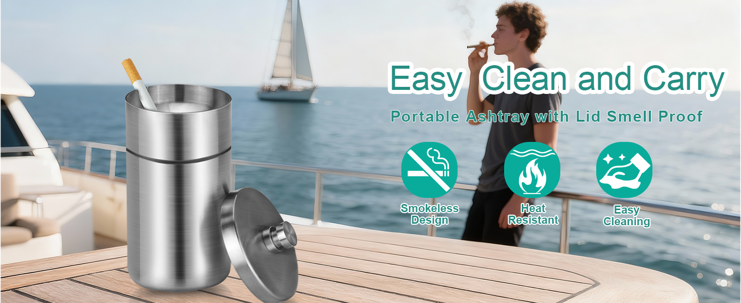 Text reads 'Easy Clean and Carry'. Stainless steel container shown on wooden deck with sailboat in background. Two circular icons visible showing product features.