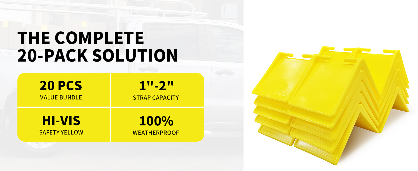20 pack high visibility yellow weatherproof ratchet strap corner protectors for flatbed trucks.