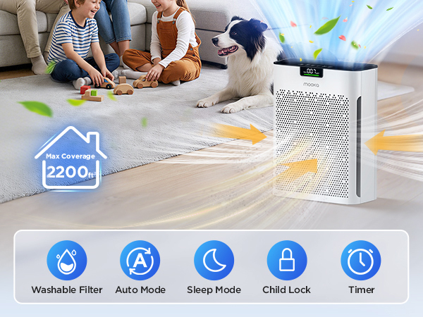 White MOOKA KJ190H air purifier for large room, for families with kids and pets