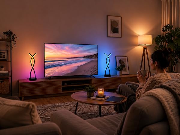 smart ambient lighting for living room, cozy home entertainment setup