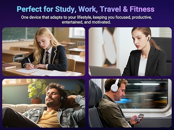 Text reads 'Perfect for Study, Work, Travel & Fitness'. Multiple lifestyle images showing people using headphones in various settings.