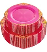 Joyido 102PCS Clear Hot Pink Plastic Plates - Pink Disposable Plate with Gold Rim - Hot Pink Part...