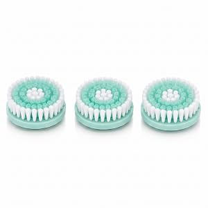 Three Conair True Glow replacement facial brush heads with white and blue bristles