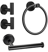Matte Black Bathroom Set - 2 Towel Hooks, 1 Towel Ring, 1 Toilet Paper Holder - Heavy Duty Stainl...