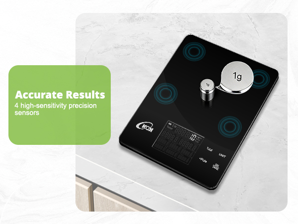 food scale grams and ounces: 1g/0.10z/0.050z/1ml. 4 high-sensitivity precision sensors