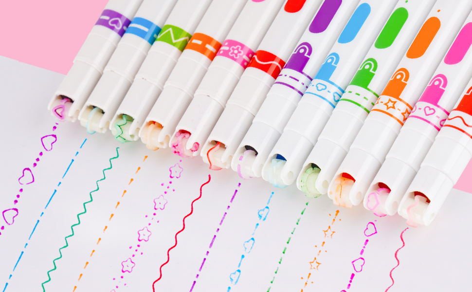 Roller Markers 12-Pack Curve Line Highlighter Pen Set, Rolling Flair Pens with 8 Curve Pattern