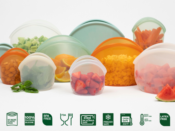 reusable silicone hugger bags holding snacks and fresh food