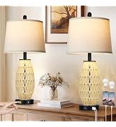 27" Beige Rattan Lamps with Night Light, Coastal Bedside Table Lamps Set of 2, Woven Wicker Bedro...