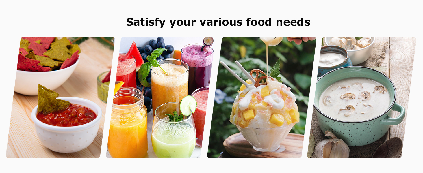 Four-panel image showing various beverages and foods: soup, orange juice, dessert with fruit, and white creamy soup.