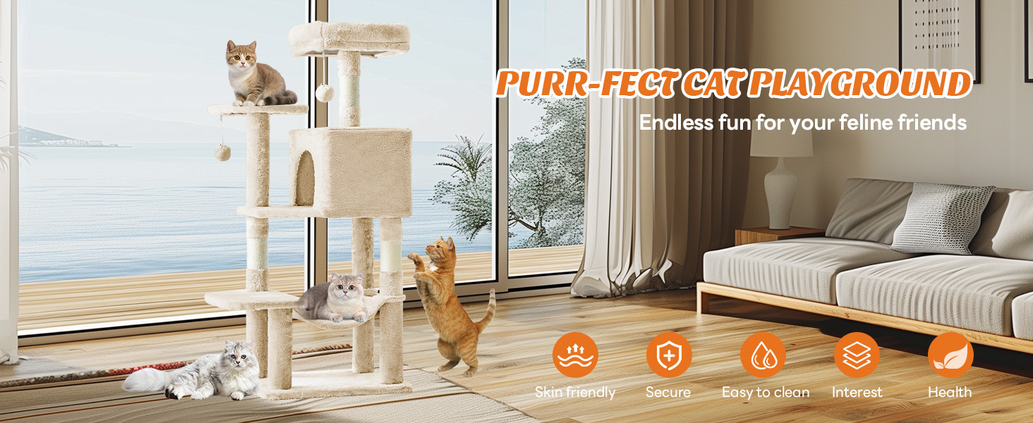 Sweetcrispy 44 inch Cat Tree with Condo, Scratching Posts, Platform, Hammock