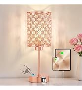 Crystal Table Lamp, Rose Gold Touch Lamp with USB C+A Port, 3-Way Dimmable | Touch Control Bedsid...