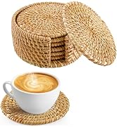 6pcs Natural Handmade Rattan Coasters with Holder - Wicker Drink Coasters Set, Housewarming Gifts...