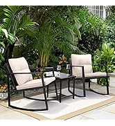 Greesum 3 Pieces Rocking Wicker Bistro Set, Patio Outdoor Furniture Conversation Sets with Porch ...