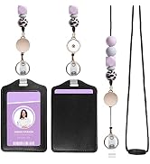 HAUTOCO ID Badge Holder with Retractable Lanyards and Keyring, PU Leather Badge Holder with Safet...