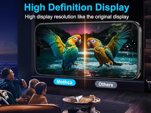 Split-screen comparison of display quality showing vibrant parrots image, with audience viewing on large screen and 'High Definition Display' text overlay.