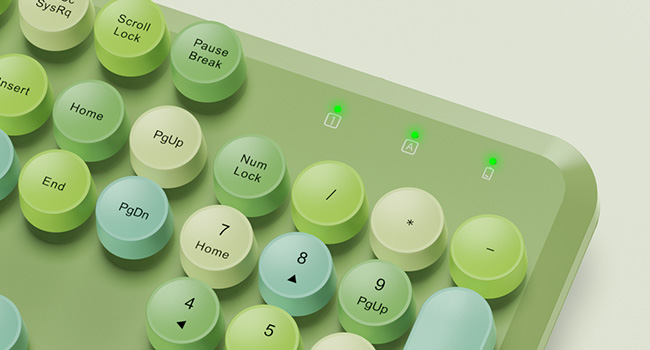 Close-up of Green Multi-Color retro keyboard number pad with 3 indicator lights.