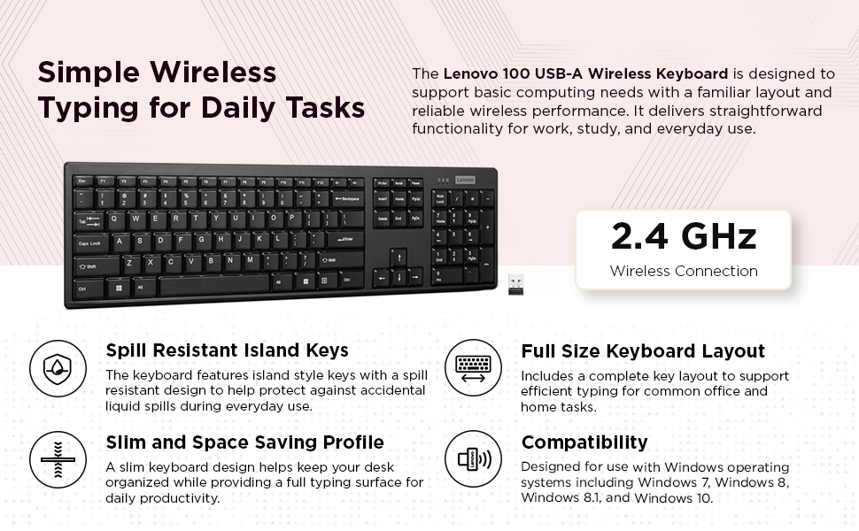 Lenovo 100 USB-A Wireless Keyboard - Cordless