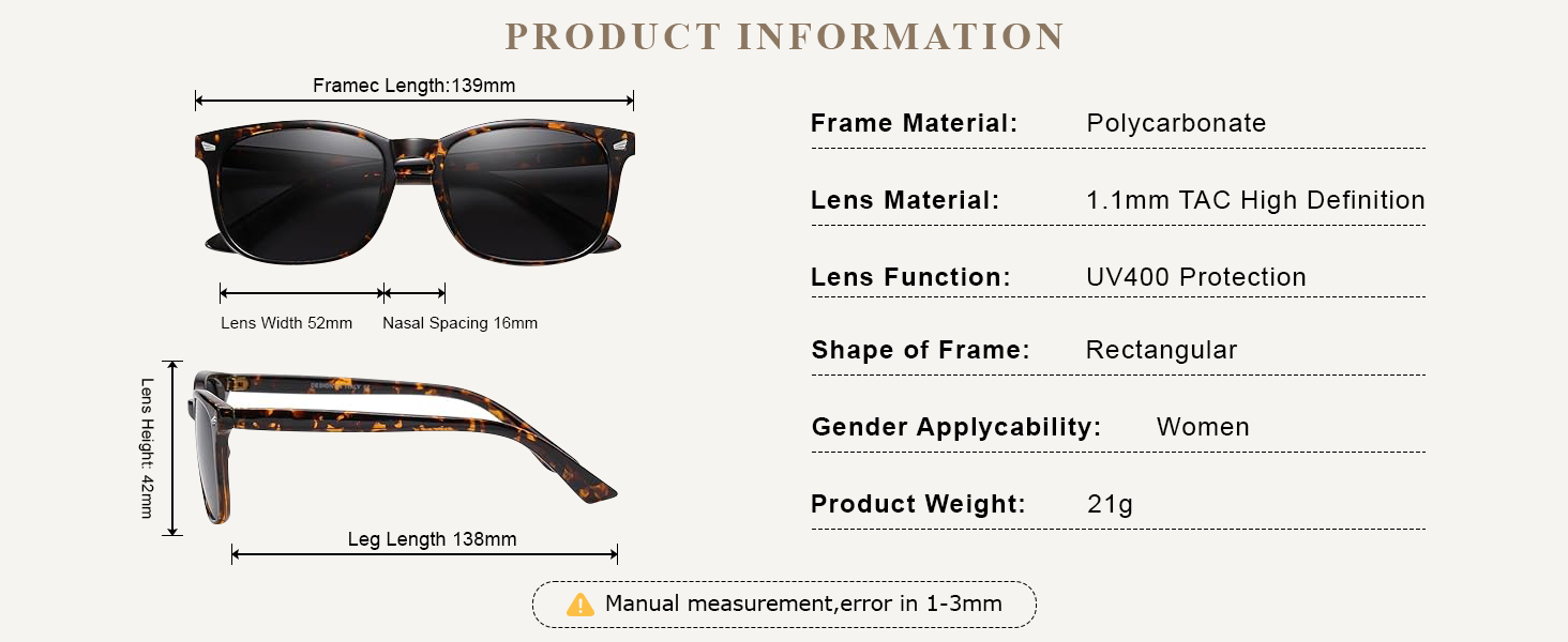 women polarized sunglasses 52mm lens width lightweight 21g rectangular UV400 comfortable all day