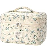 HBselect Quilted Makeup Bag, Portable Cotton Large Travel Makeup Bag, Cute Coquette Blue Floral C...