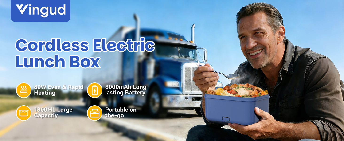 Cordless electric lunch box with 1.8L large capacity and 8000mAh long-lasting battery