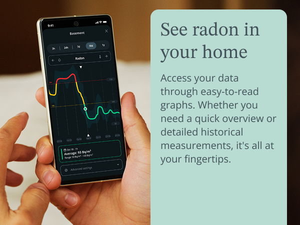 Check your radon, temp and humidity levels in the app. Quick overview to historical measurements