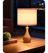 GOEBLESON Small Table Lamp, 14.2" Cute Little Desk Lamp with Wood Bottle-Shaped Base & Pink Linen...