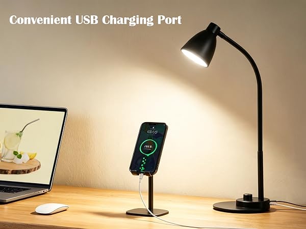 LED Desk Lamp with USB Charging Port Reading Light Task Lamp Black Table Lamp for Bedside Office