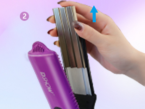 Hand holding a metallic hair styling tool with plates. Purple handle of another styling device visible. Blue arrow indicates upward motion.