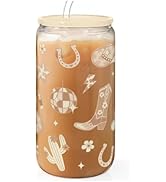 Western Cowgirl 16oz Can Glass Tumbler with Acrylic Lid & Straw, Iced Coffee Cup for Women, Aesth...