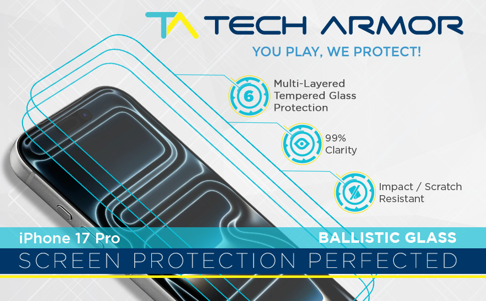 Tech Armor 3-pack ballistic glass screen protector for iPhone 17 Pro, 99% clarity, 9H hardness