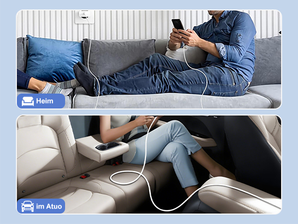 Text reads 'Heim' and 'Im Auto'. Split image showing charging usage scenarios: person on couch with device and car interior charging setup.
