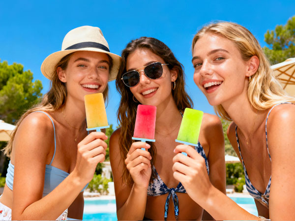 Outdoor scene showing people enjoying drinks and smiling in a sunny poolside or beach setting, with vibrant summer atmosphere.