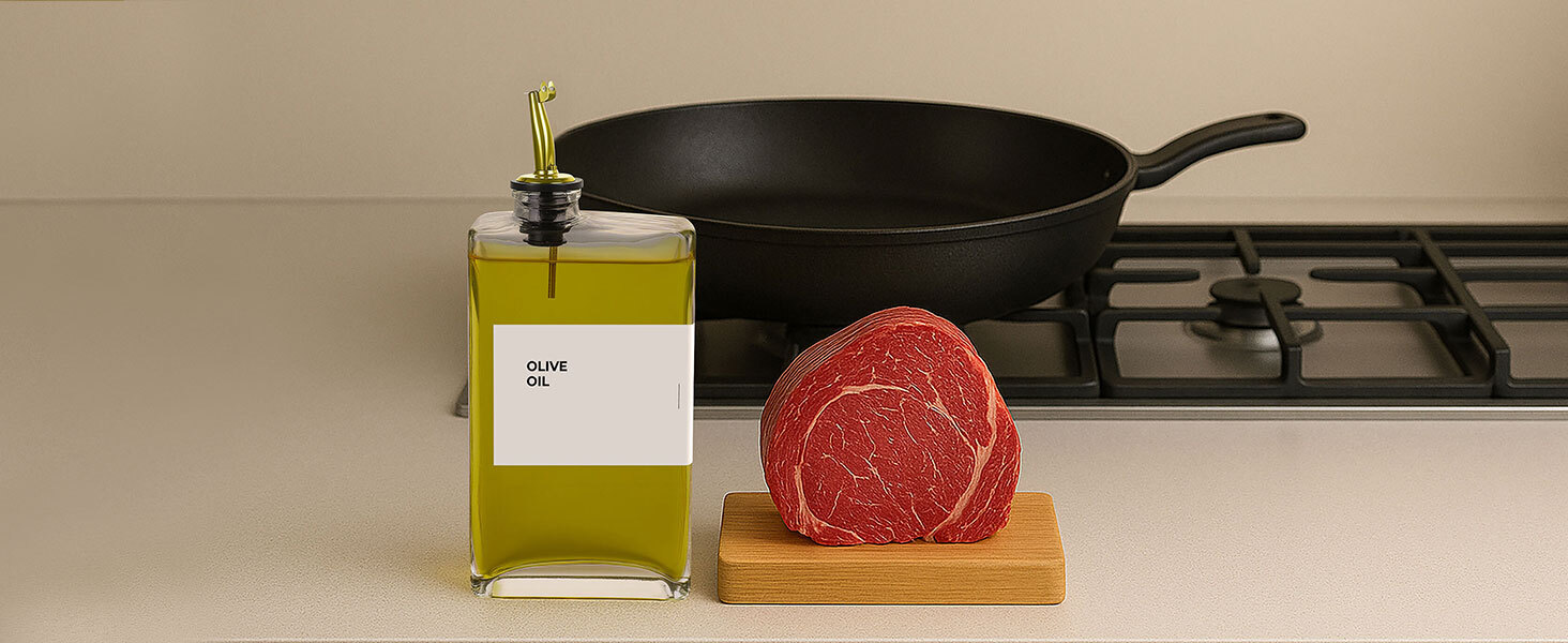 Glass olive oil dispenser next to raw steak on cutting board with frying pan in background