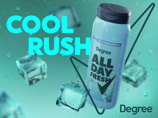 A blue Degree Body Wash bottle surrounded by ice cubes with the text Cool Rush in blue