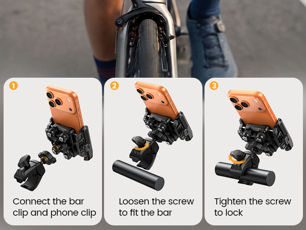 Three-step instruction diagram showing how to install a phone mount on a bicycle handlebar: 1. Connect bar clip and phone clip 2. Loosen screw to fit bar 3. Tighten screw to lock