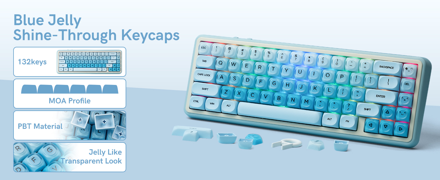 A keyboard featuring blue jelly shine-through keycaps, with 132 keys