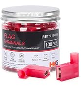 HKS 100 PCS Flag Spade Terminals Female - Red 22-18 AWG - Nylon Quick Disconnect Wire Connector -...