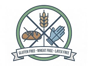 Text reads 'GLUTEN FREE - WHEAT FREE - LATEX FREE' in circular emblem design with decorative banner and wheat/glove icons.