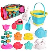 12Pcs Collapsible Beach Toys Set for Kids,Beach Bucket and Shovel Set with Mesh Bag & Sand Molds,...