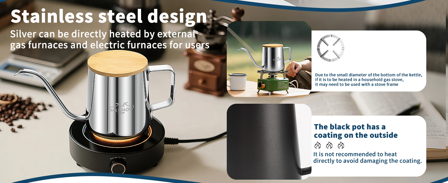 the silver coffee kettle can be directly heated by open fire