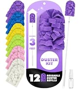 12 PCS Reusable Duster Refills with 3 ft Extendable Handle for Swiffer | Washable Fleece Pads in ...