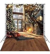 Mocsicka Christmas Photography Backdrop Winter Christmas Eve Fireplace Decorations Christmas Stai...