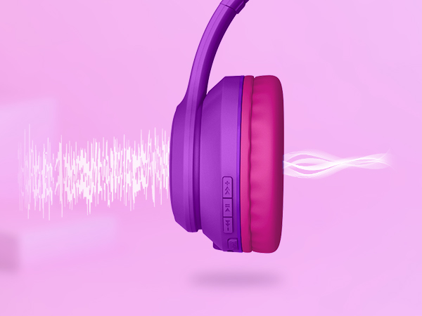 Wireless over-ear headphones in purple and pink. Side view shows control buttons and ear cushion. Stylized sound waves in background suggest audio functionality.
