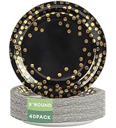 Yinbanban Stylish Paper Plates 40 Count,Eco Compostable Plates,Gold Foil Polka Dots Black Paper P...