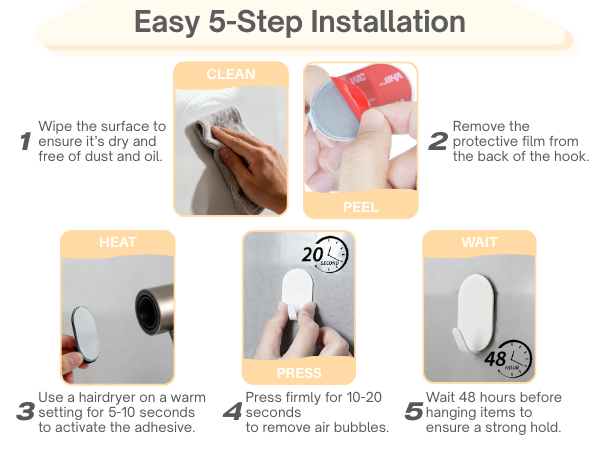 5-Step Setup: Clean the surface?Peel off the film?Heat the adhesive?Press firmly?Wait 48 hours